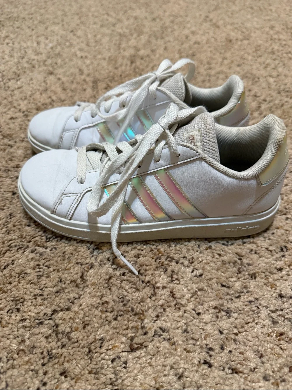 adidas Kids White Sneakers with Iridescent Stripe Accents